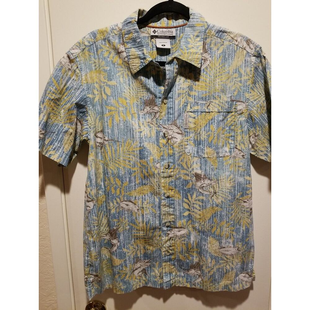 Columbia Men's Small Marlin Fish Leaves Hawaiian Short Sleeve‎ Cotton Shirt